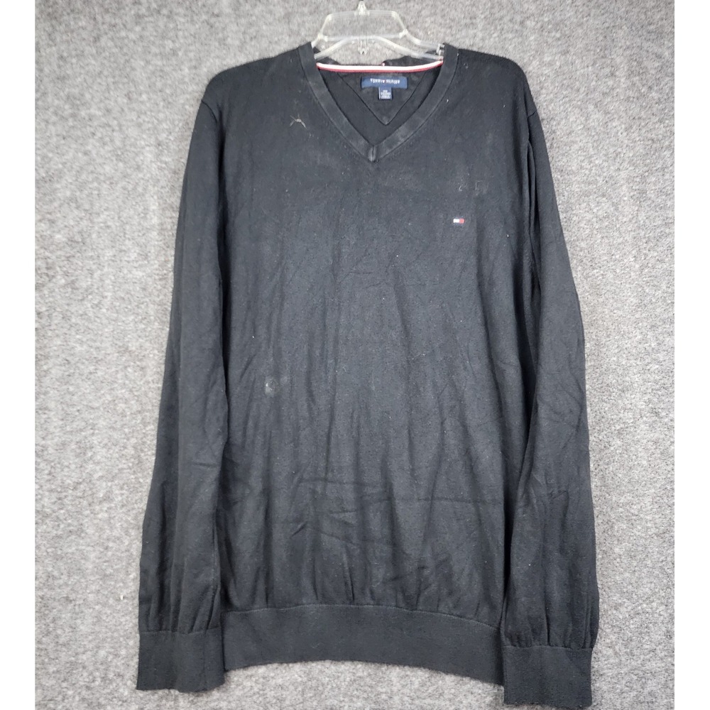 Tommy Hilfiger V-Neck Sweater Mens XXL Black‎ 100% Cotton Embroidered Logo